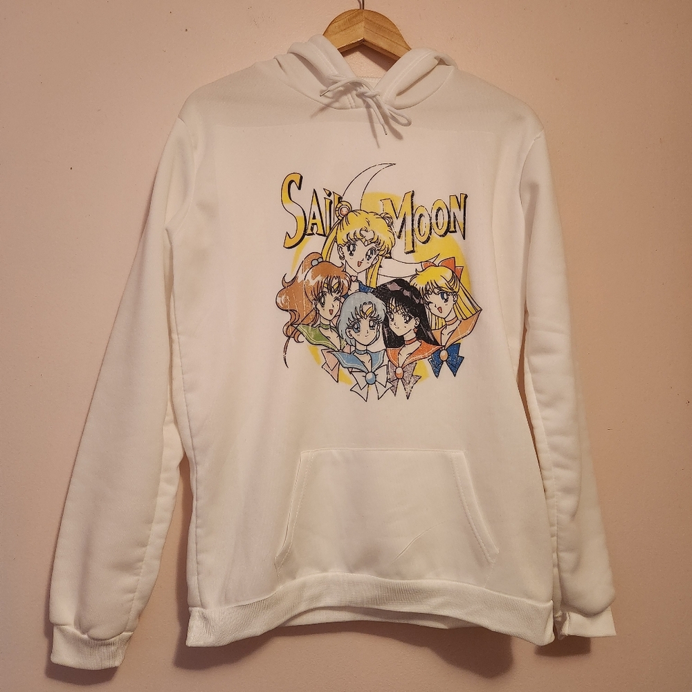Sailor Moon Anime Graphic Pullover Hoodie White Sweatshirt Kawaii Cute Size M
